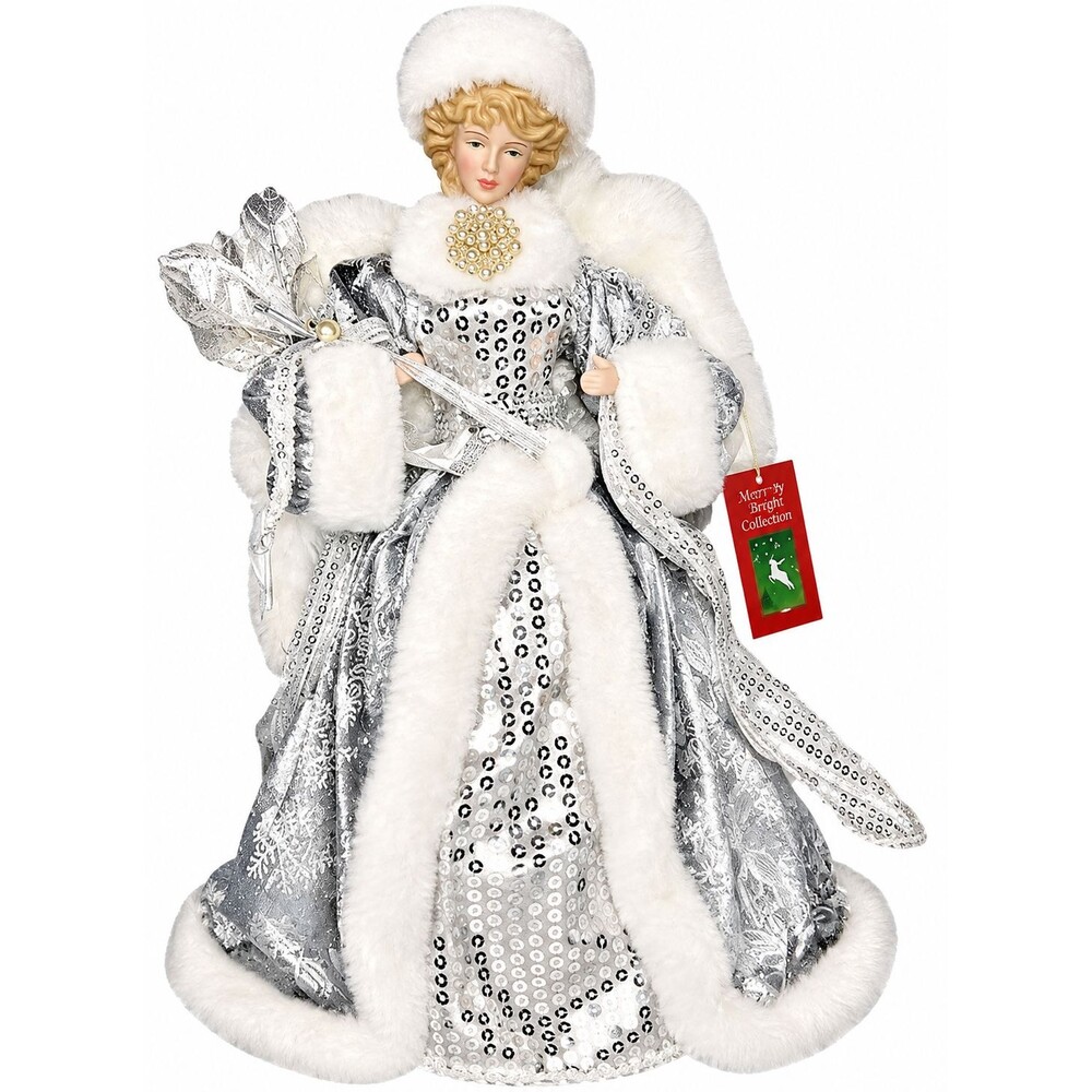 Windy Hill Christmas Angel Tree Topper 15" Silver Sequin Faux Fur Free Standing